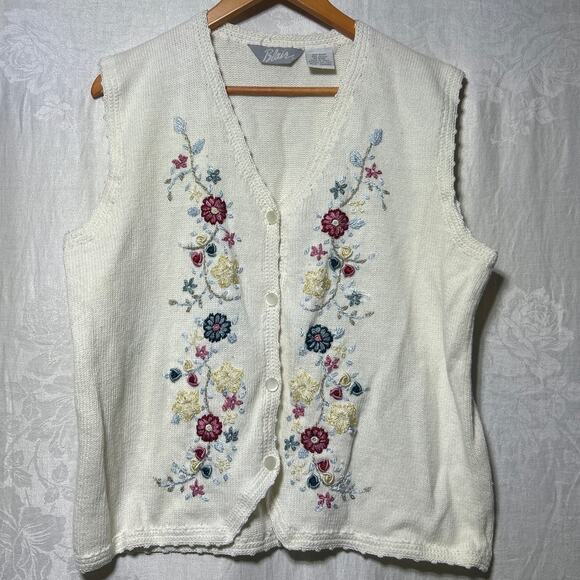 Vintage Sweaters - VTG Blair Vest XL Cream Embroidered Floral Crochet Detail Granny Cottage